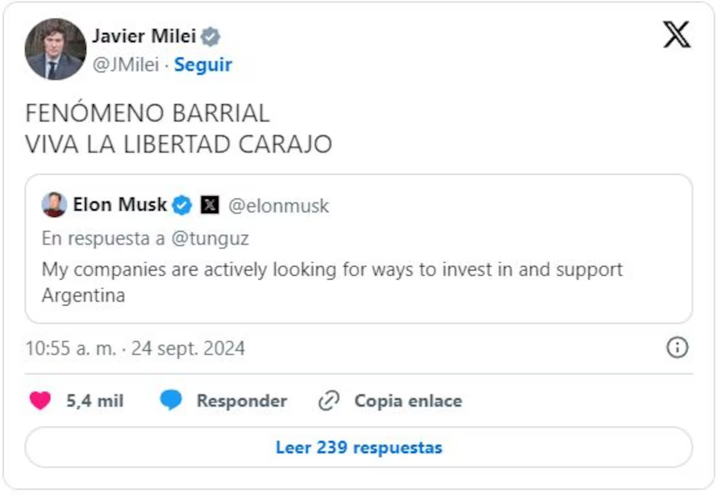 el tuit de musk y la respuesta de milei foto captura de x JPPGU4CZR5HZLF474L77WRRN4M